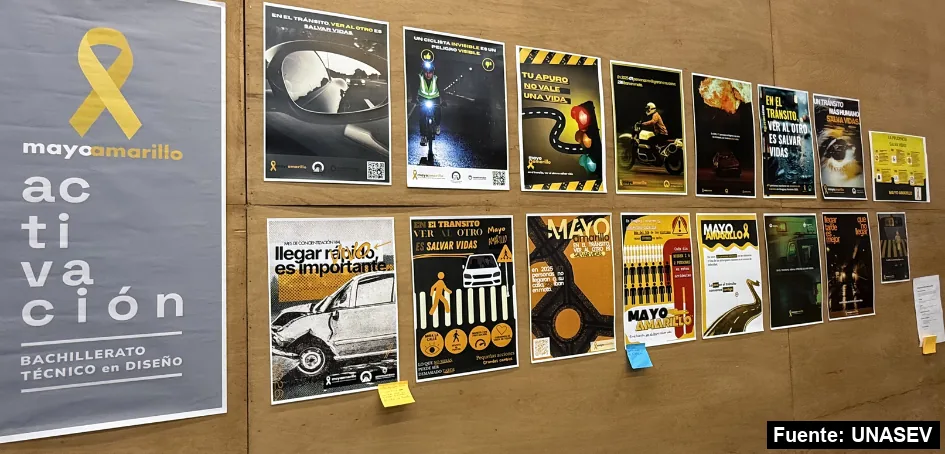 Afiches sobre seguridad vial hechos por estudiantes del Bachillerato de Diseño de UTU para la activación de Mayo Amarillo