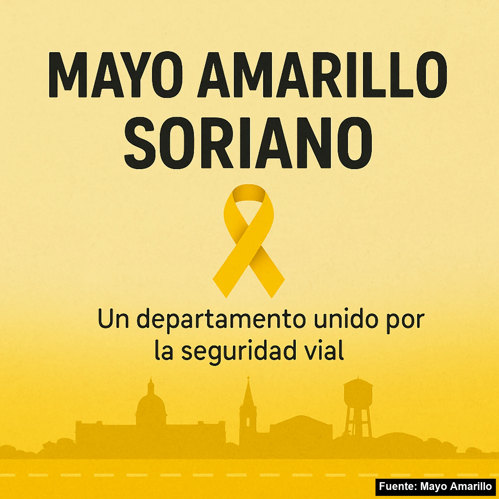 Mayo Amarillo en Soriano 6 Ilustración de Mayo Amarillo para Soriano: silueta de la ciudad y lazo amarillo.