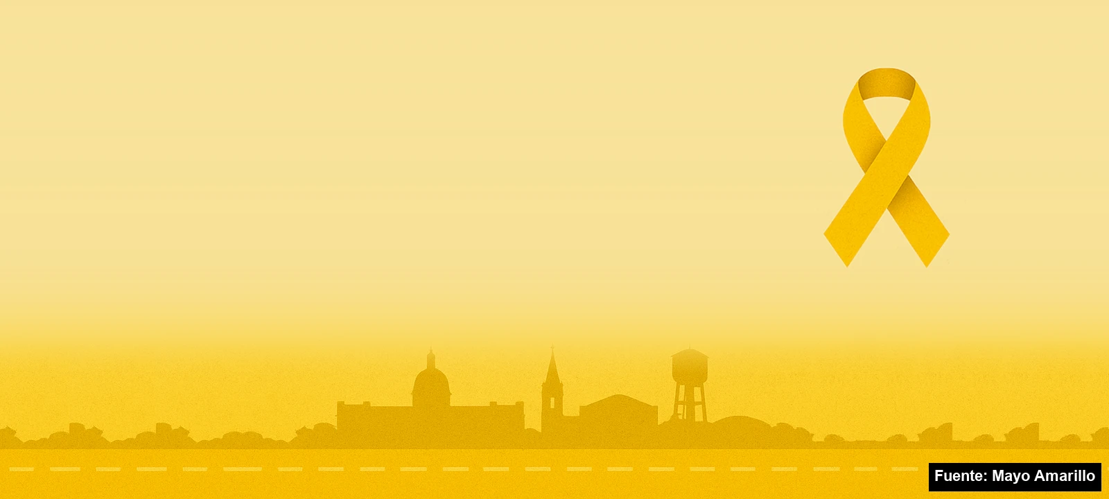 Ilustración de Mayo Amarillo para Soriano: silueta de la ciudad y lazo amarillo.