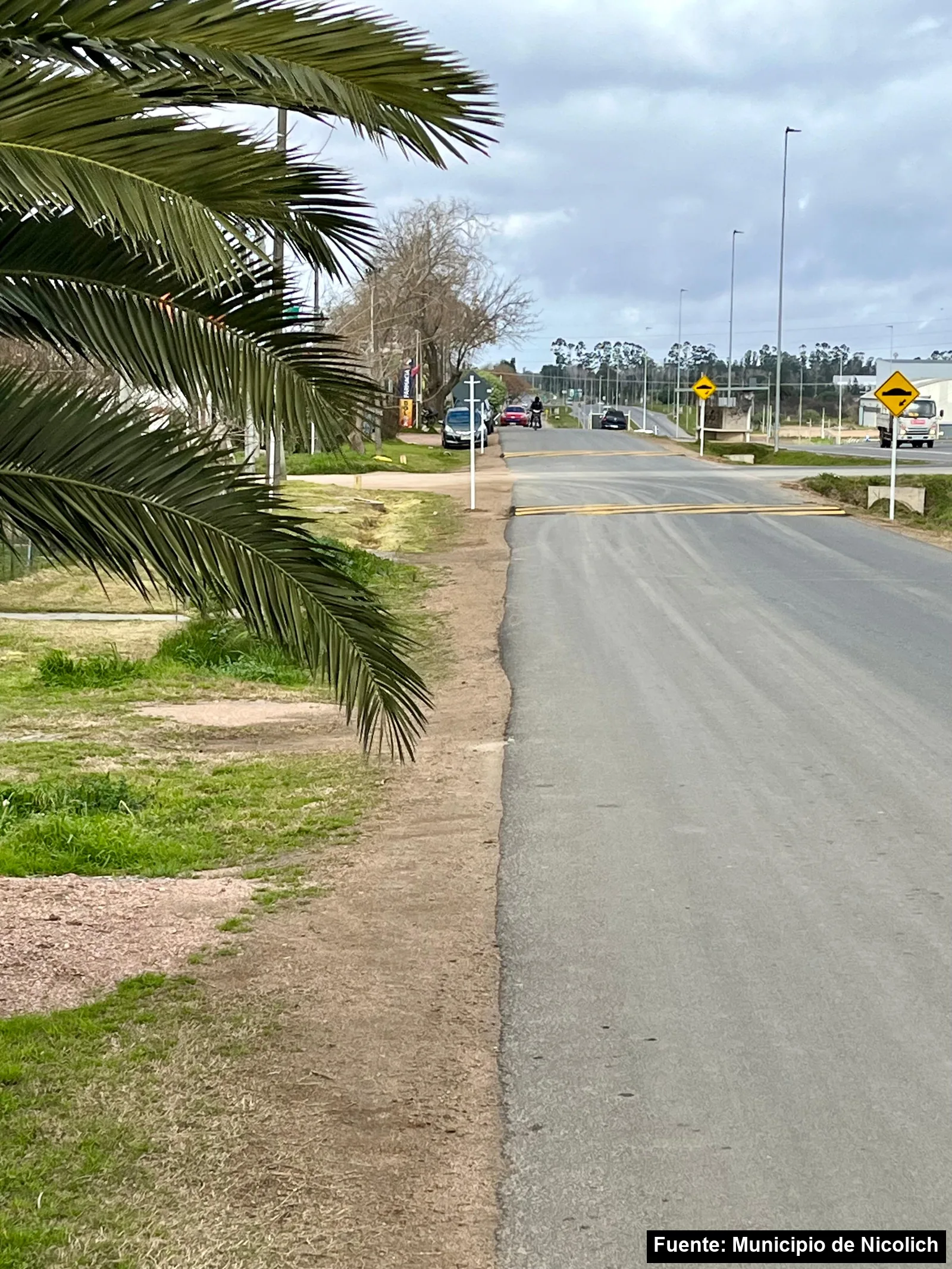 Lomadas pintadas de amarillo y cartel de aviso en la calle auxiliar de la Ruta 101, en Aeroparque