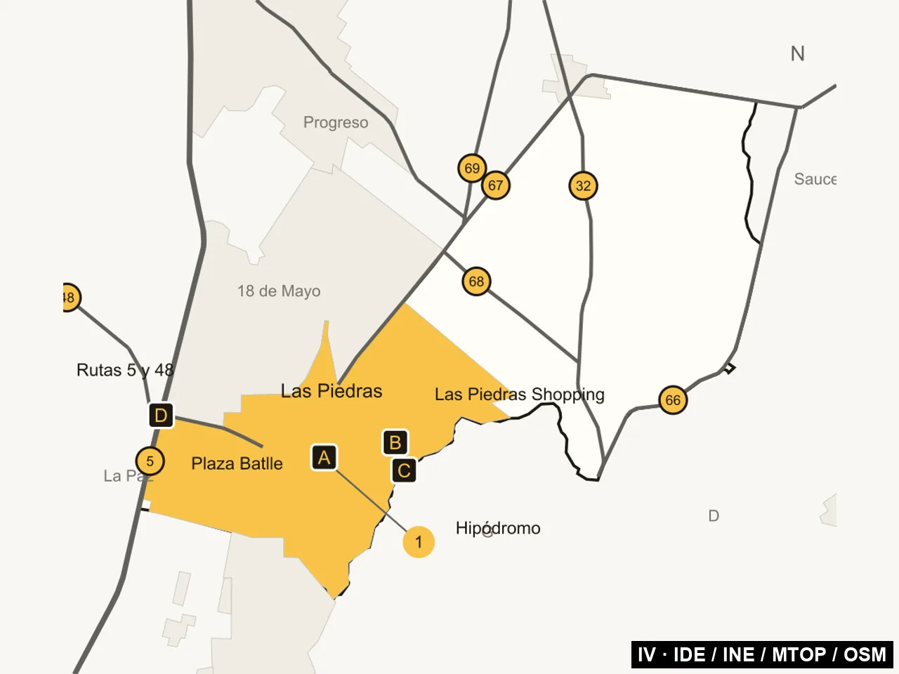 Mayo Amarillo en Las Piedras 2 Mapa de Las Piedras con las rutas y cuatro referencias: Plaza Batlle, shopping, hipódromo e intercambiador de las rutas 5 y 48