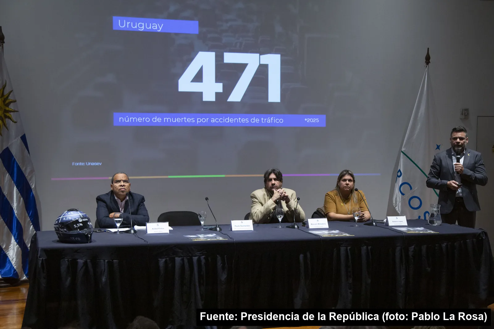 Mayo Amarillo en Montevideo 27 Pantalla con la cifra de 471 muertes por siniestros de tránsito en Uruguay, sobre la mesa del lanzamiento de Mayo Amarillo 2026