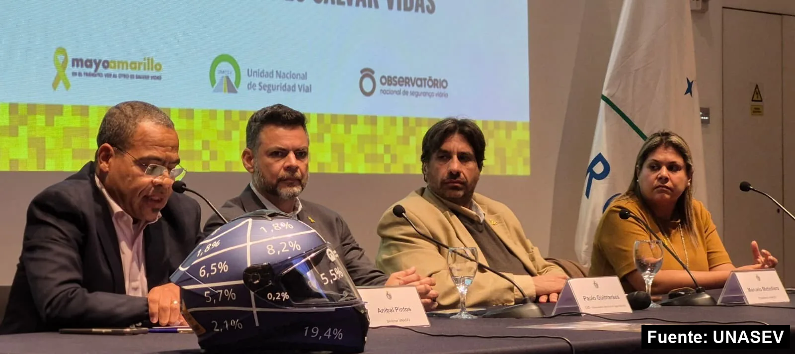 Panel del lanzamiento de Mayo Amarillo con un casco sobre la mesa y los logos de Mayo Amarillo, UNASEV y el Observatorio de Brasil