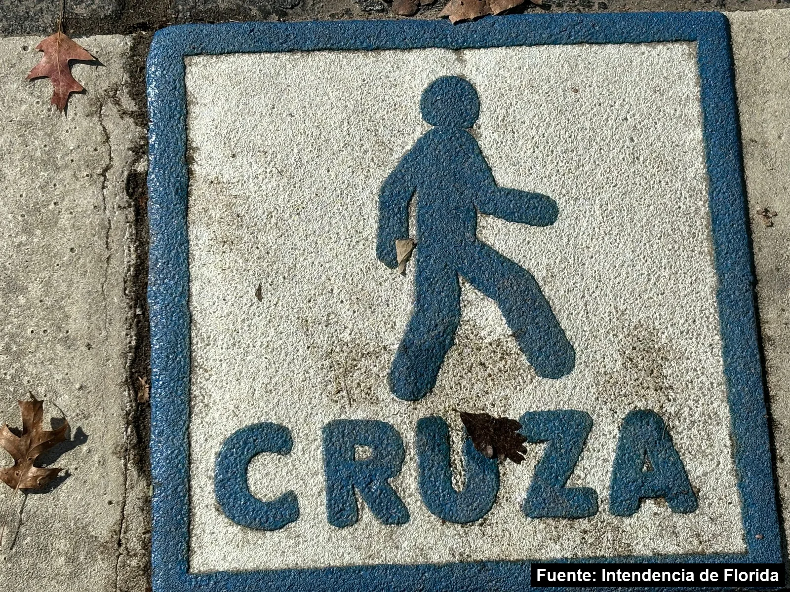Mayo Amarillo en Florida (ciudad) 7 Pictograma azul y blanco de una persona caminando con la palabra cruza, pintado en el pavimento