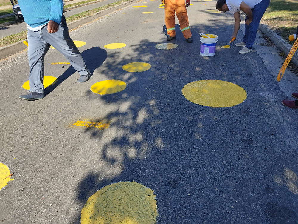 Mayo Amarillo en Colonia Valdense 4 Tres hombres pintan círculos amarillos sobre una calle arbolada de Colonia Valdense, con un balde de pintura