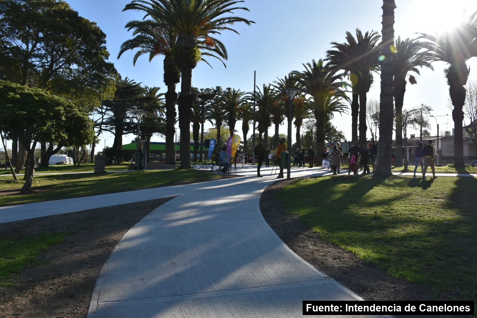 Mayo Amarillo en Joaquín Suárez 4 Caminería de hormigón entre palmeras en la plaza Diego Pons de Joaquín Suárez, el día de la inauguración