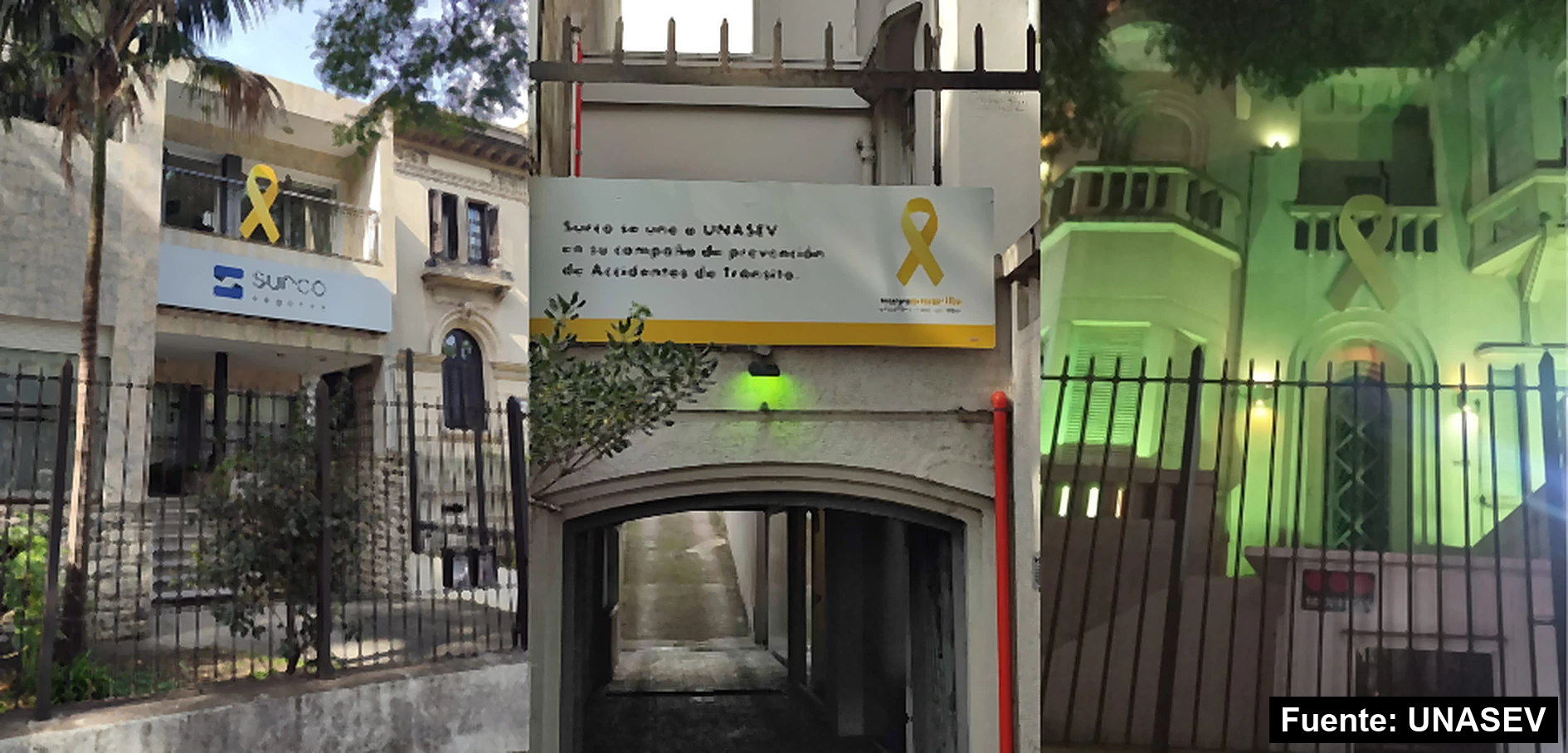 Mayo Amarillo en Municipio CH de Montevideo 2 Fachadas de SURCO Seguros con lazos e iluminación amarilla en 2025