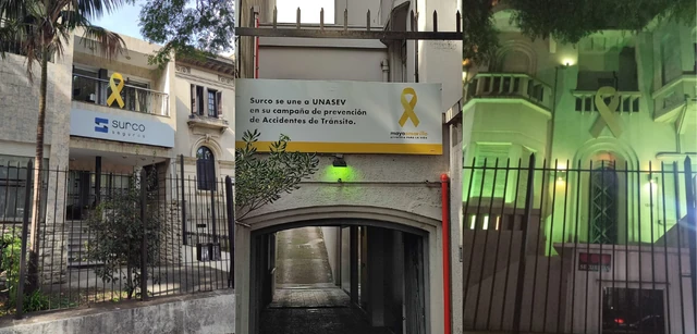 Fachadas de SURCO Seguros con lazos e iluminación amarilla en 2025