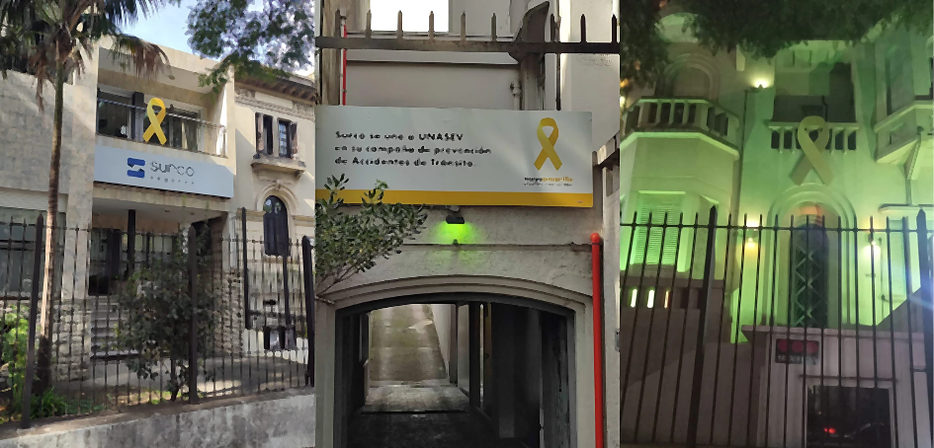 Mayo Amarillo en Municipio CH de Montevideo 1 Fachadas de SURCO Seguros con lazos e iluminación amarilla en 2025